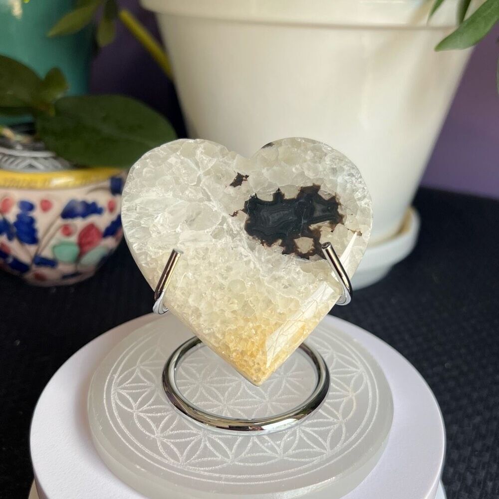 Quartz Crystal Heart with Black Agate and Golden‎ Healer on Stand